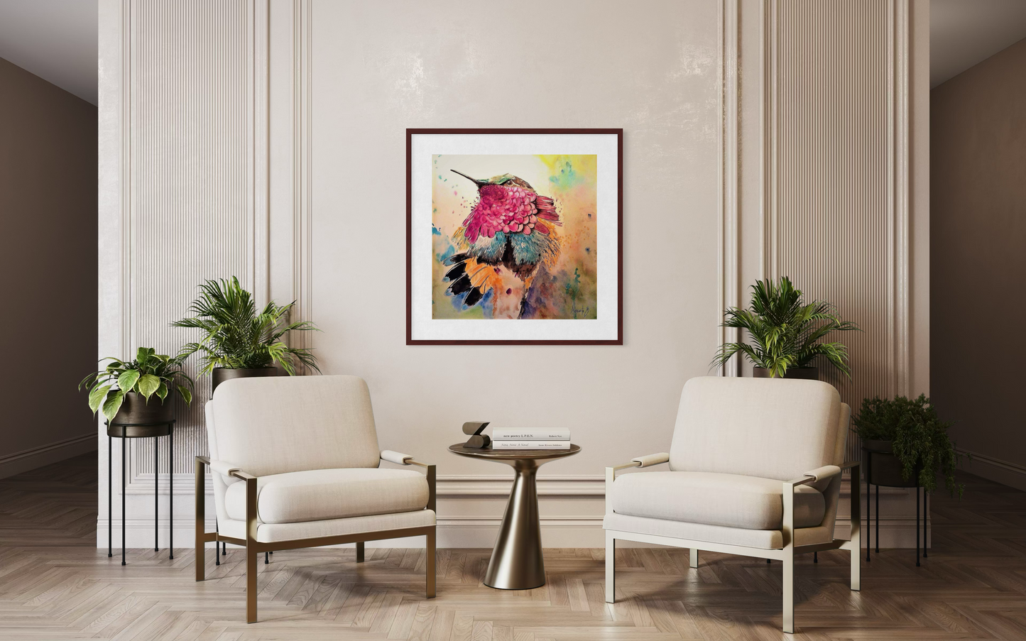 Hummingbird Reverie – Colorful Watercolor Close-Up Art Print