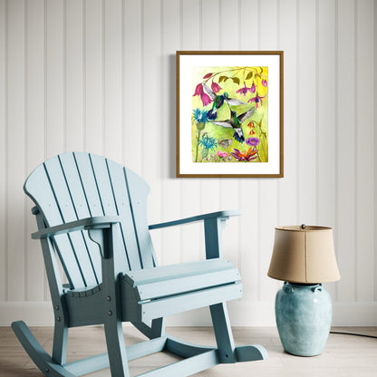 Hummingbird Kiss – Two Hummingbirds in a Floral Garden Art Print