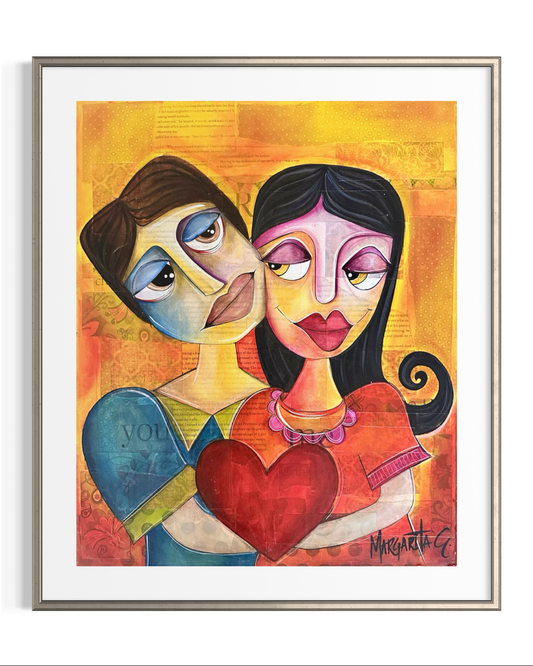 Couple Holding Heart - Romantic Geometric Art Print