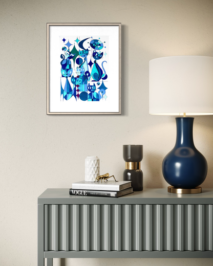 Blue Cats - Geometric Animal Art Print