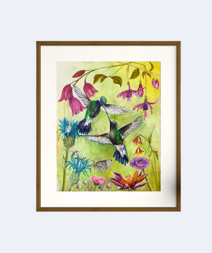 Hummingbird Kiss – Two Hummingbirds in a Floral Garden Art Print