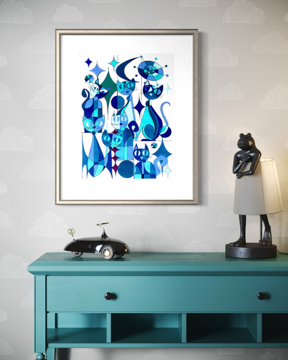 Blue Cats - Geometric Animal Art Print