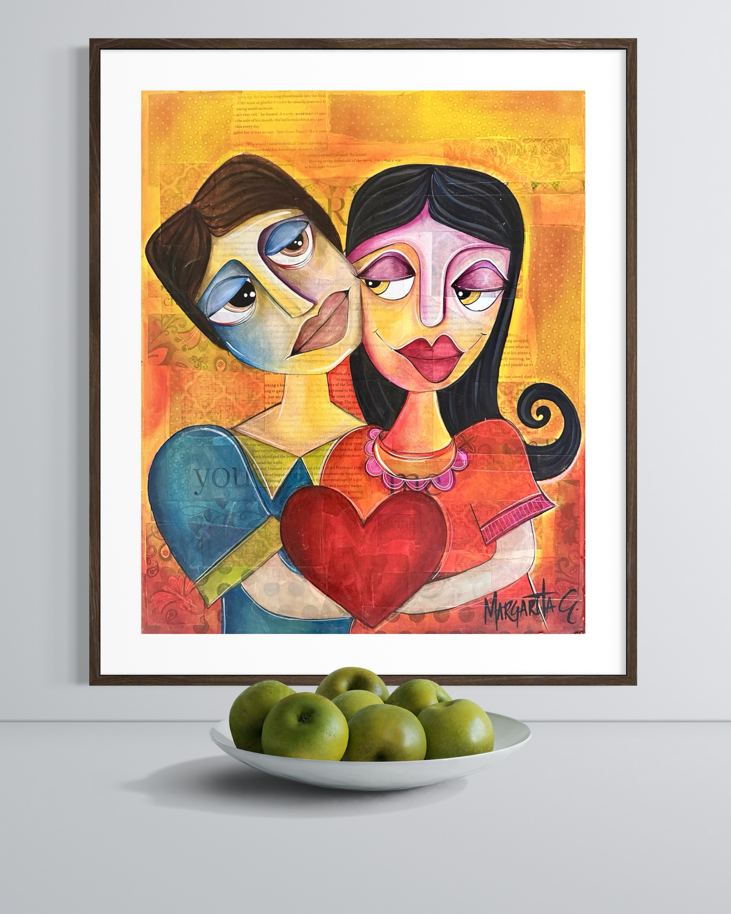 Couple Holding Heart - Romantic Geometric Art Print