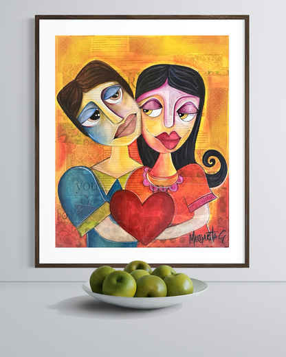 Couple Holding Heart - Romantic Geometric Art Print