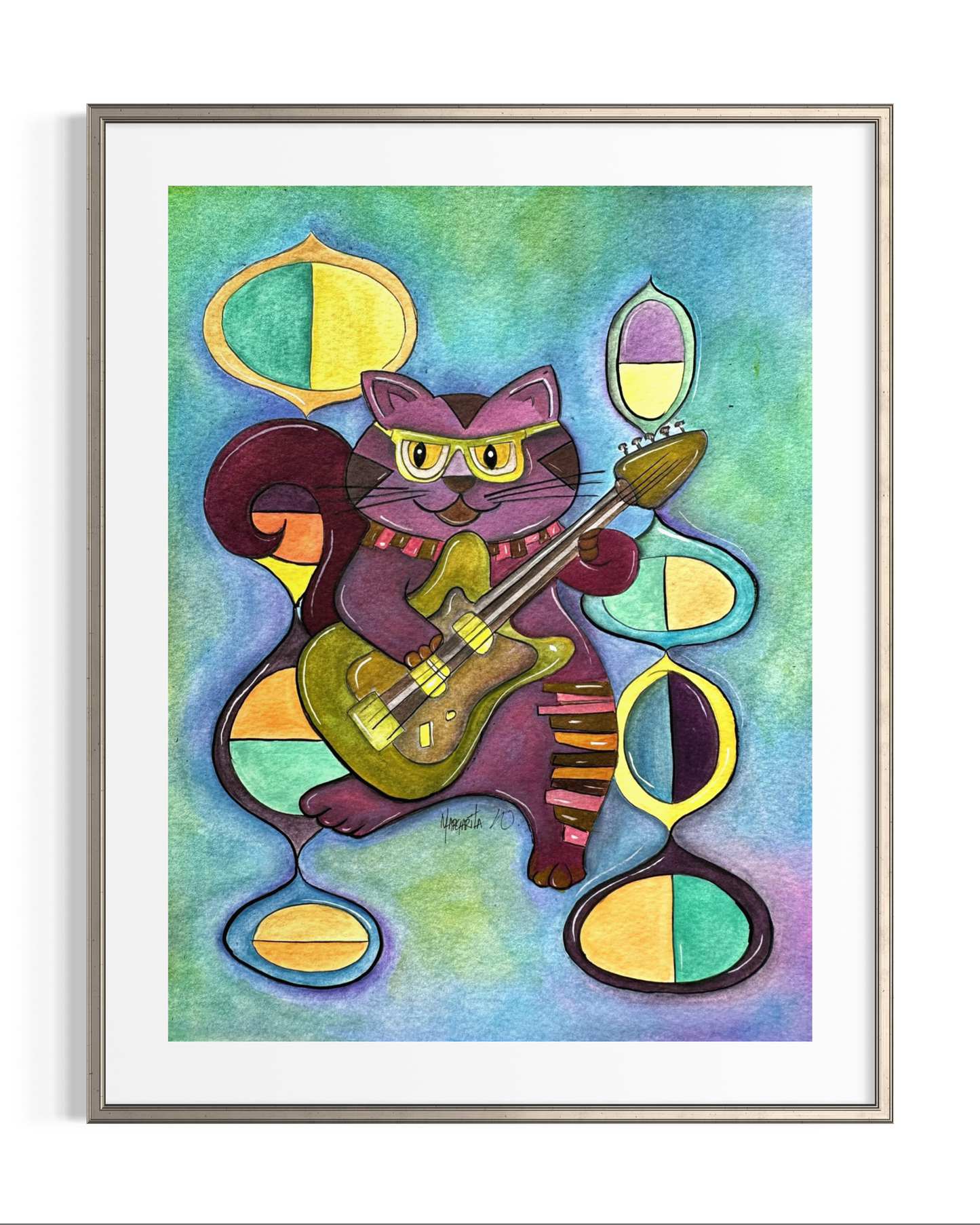 Colorful Cat Playing Guitar - Geometric Animal Art Print