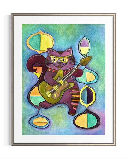 Colorful Cat Playing Guitar - Geometric Animal Art Print