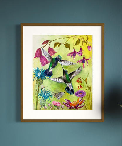 Hummingbird Kiss – Two Hummingbirds in a Floral Garden Art Print