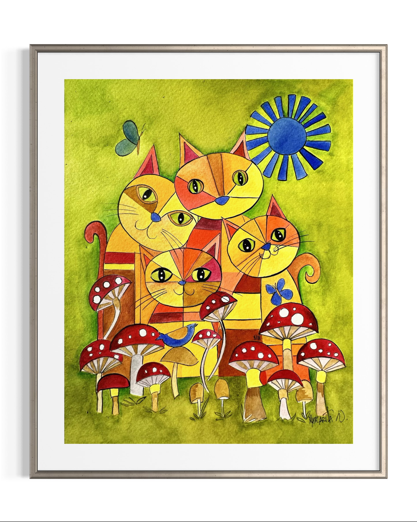 Cats with Mushrooms - Whimsical Geometric Animal Art Print