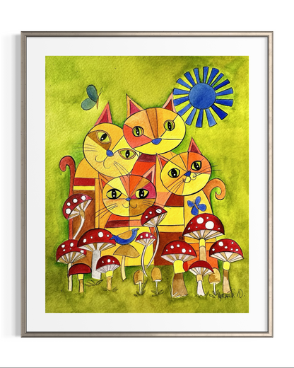Cats with Mushrooms - Whimsical Geometric Animal Art Print