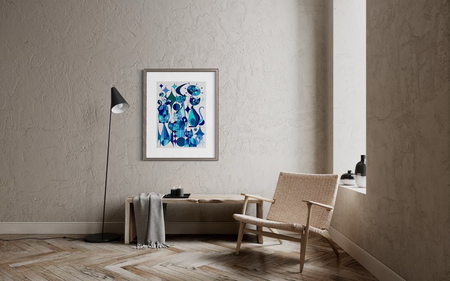 Blue Cats - Geometric Animal Art Print