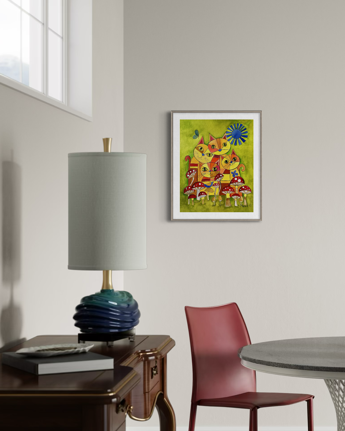 Cats with Mushrooms - Whimsical Geometric Animal Art Print