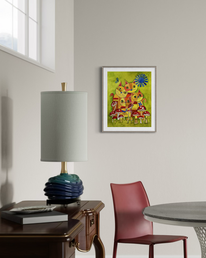 Cats with Mushrooms - Whimsical Geometric Animal Art Print