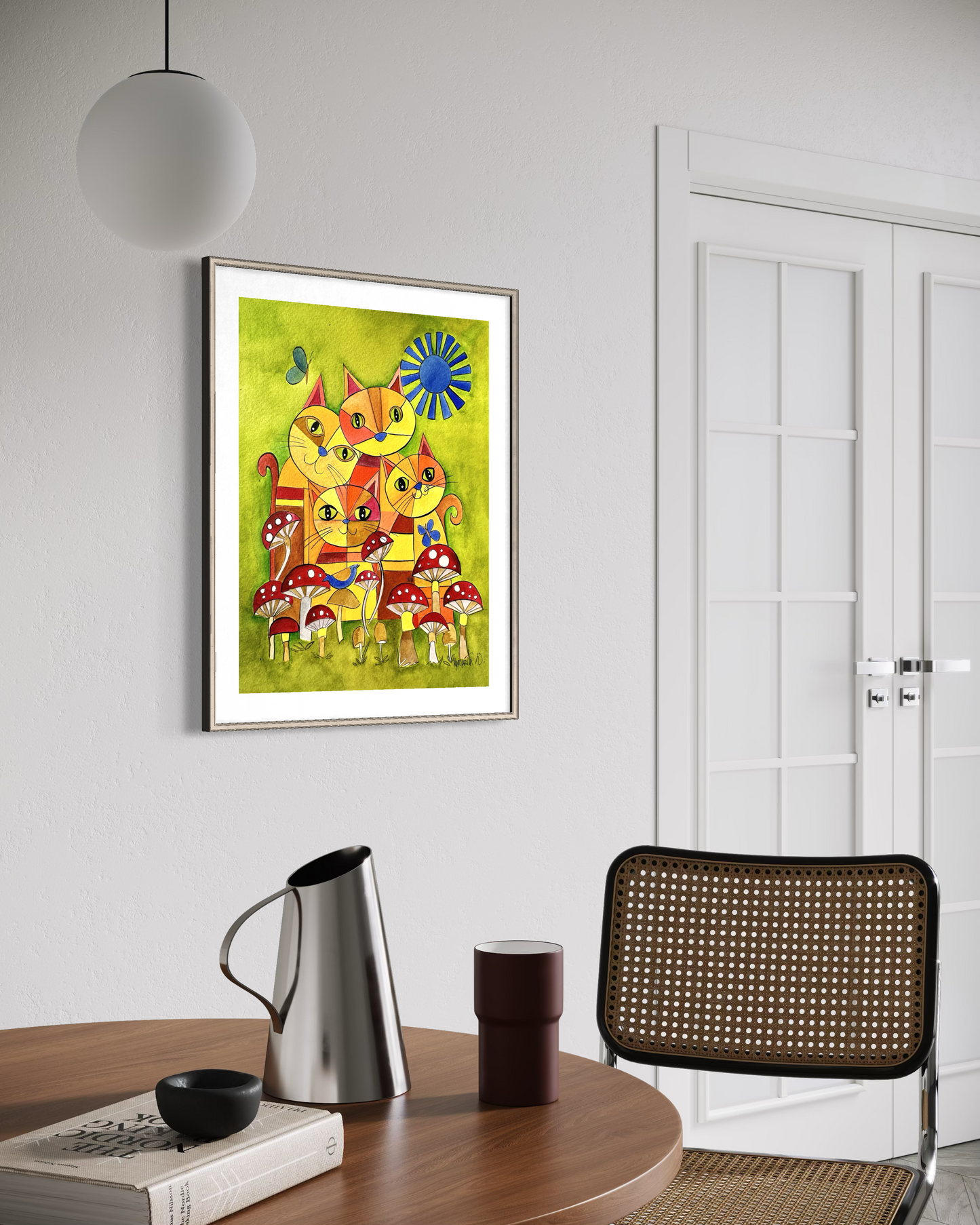 Cats with Mushrooms - Whimsical Geometric Animal Art Print