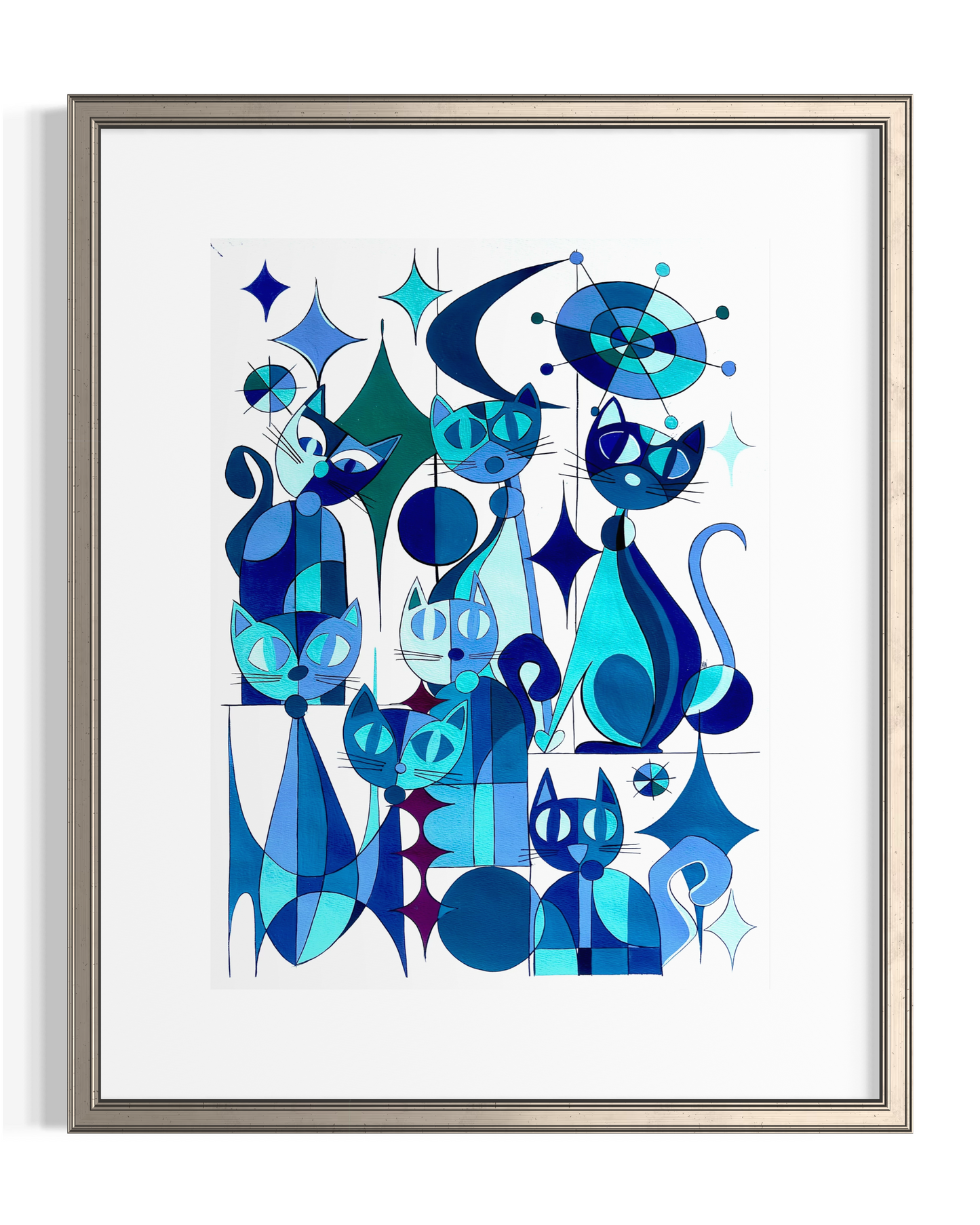Blue Cats - Geometric Animal Art Print