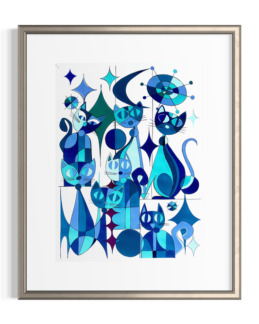 Blue Cats - Geometric Animal Art Print