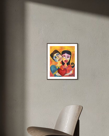 Couple Holding Heart - Romantic Geometric Art Print