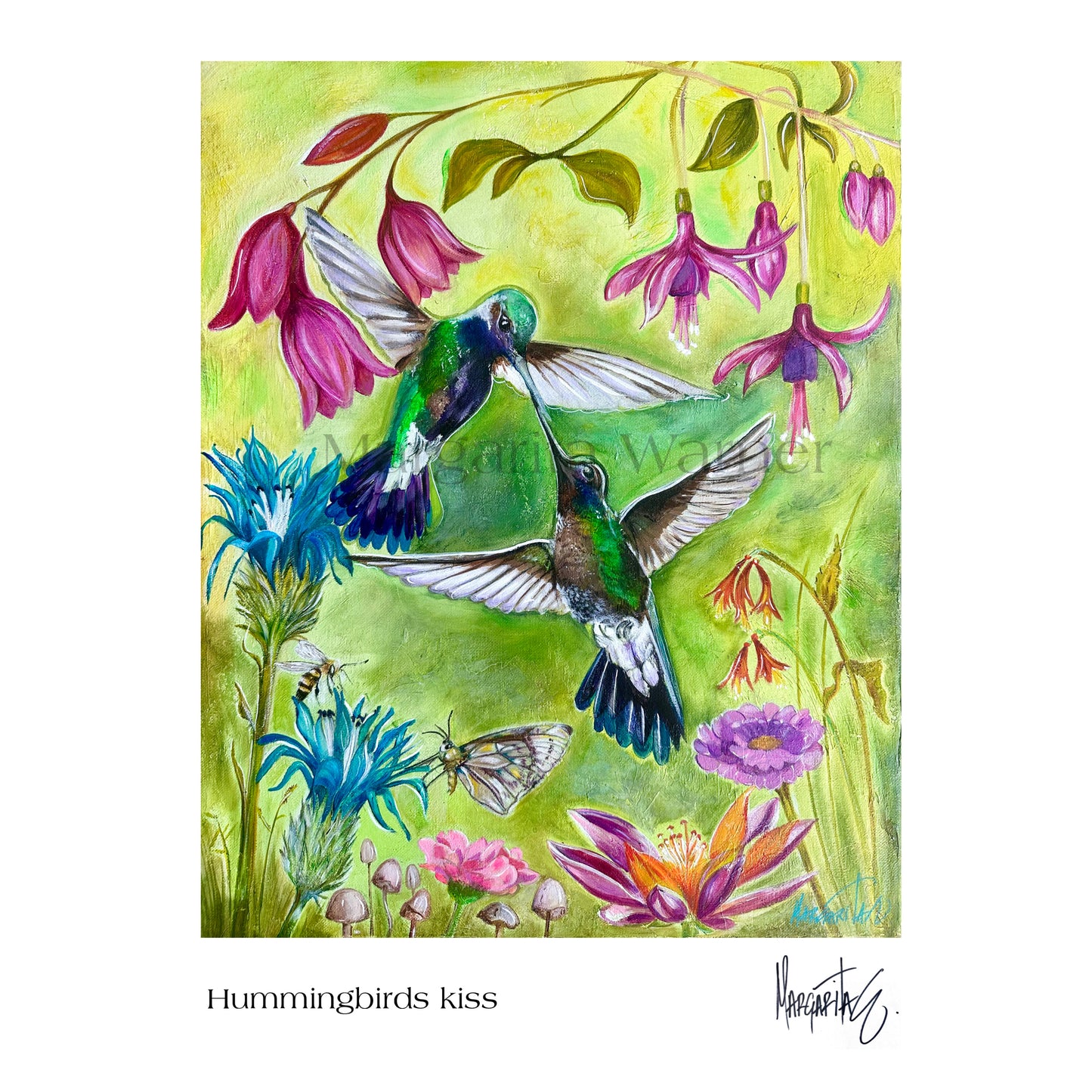 Hummingbird Kiss – Two Hummingbirds in a Floral Garden Art Print