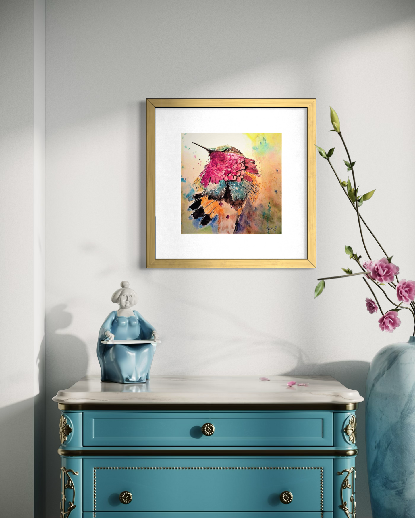 Hummingbird Reverie – Colorful Watercolor Close-Up Art Print