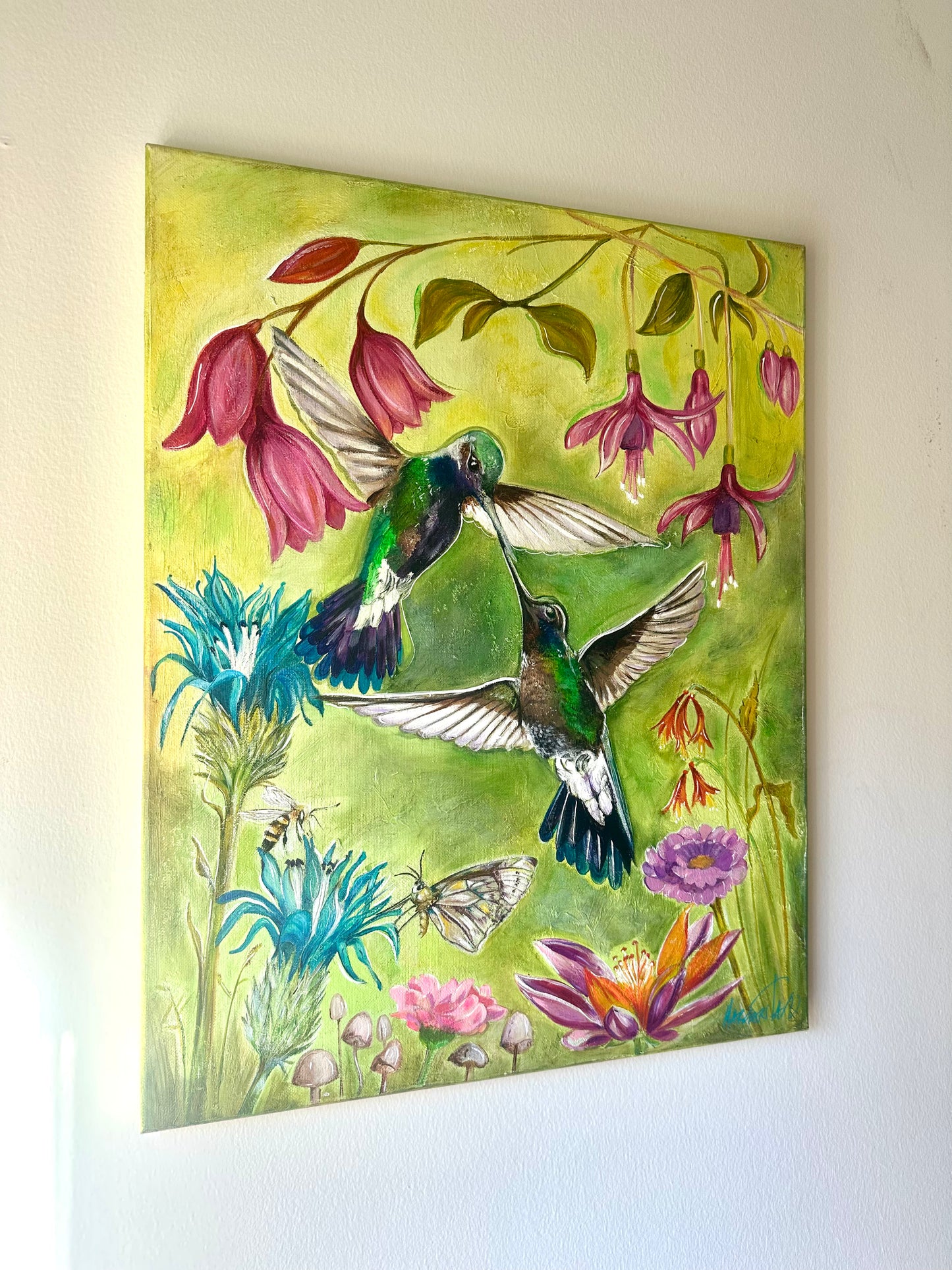 Hummingbird Kiss – Two Hummingbirds in a Floral Garden Art Print