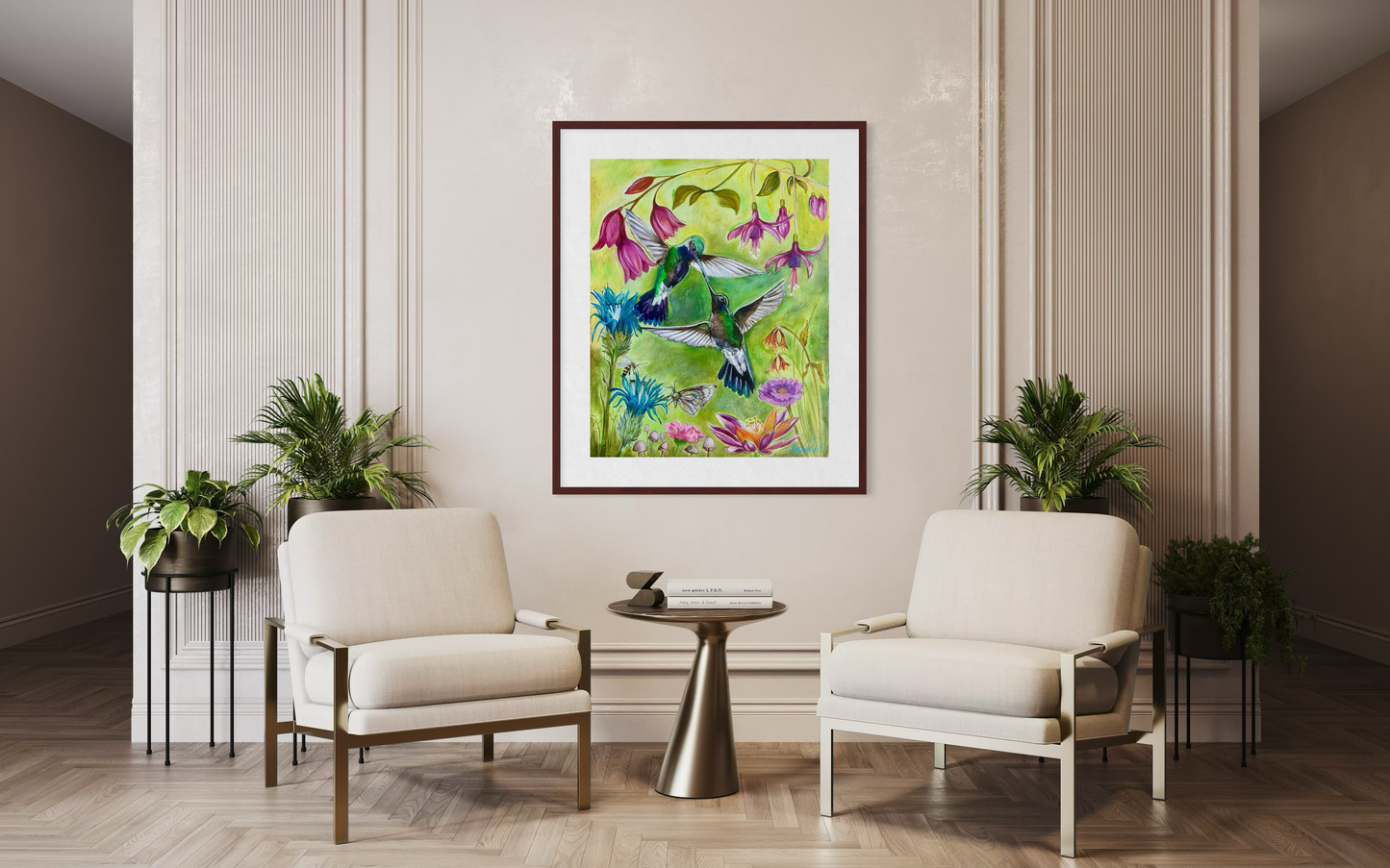 Hummingbird Kiss – Two Hummingbirds in a Floral Garden Art Print