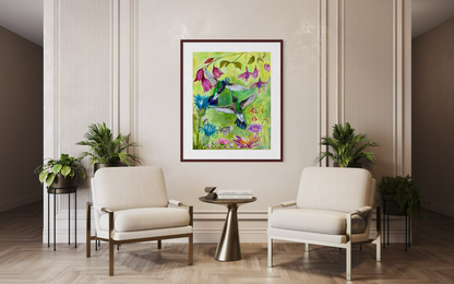 Hummingbird Kiss – Two Hummingbirds in a Floral Garden Art Print