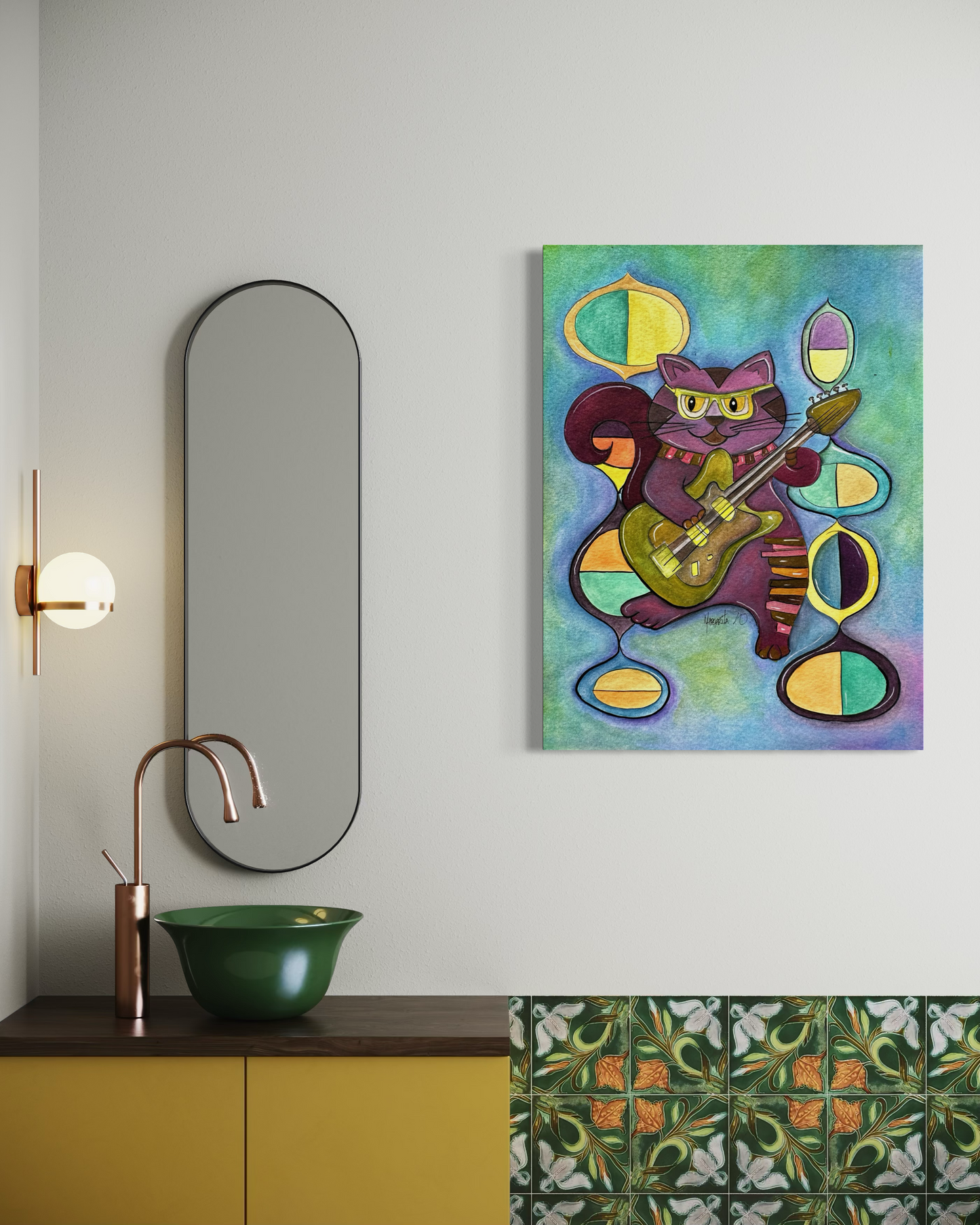Colorful Cat Playing Guitar - Geometric Animal Art Print