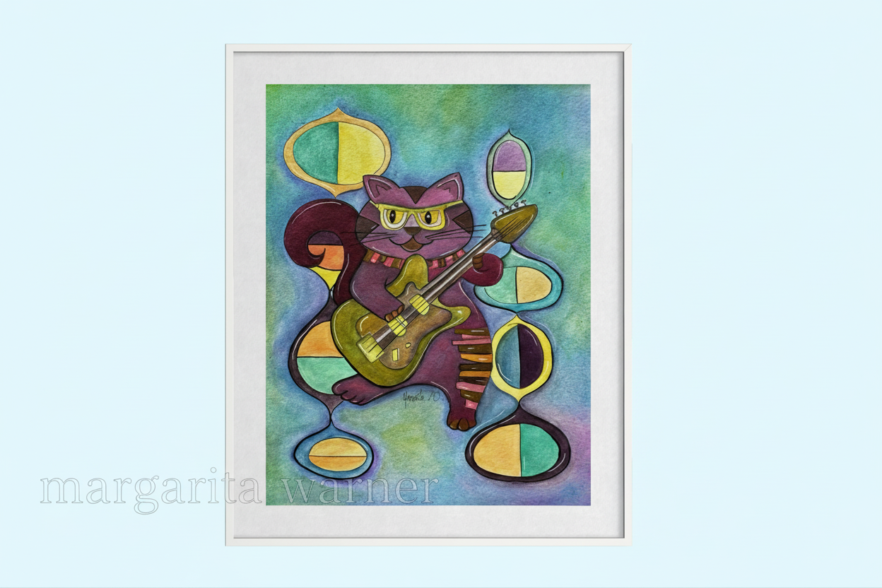 Colorful Cat Playing Guitar - Geometric Animal Art Print