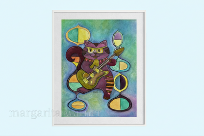 Colorful Cat Playing Guitar - Geometric Animal Art Print