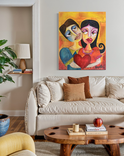 Couple Holding Heart - Romantic Geometric Art Print