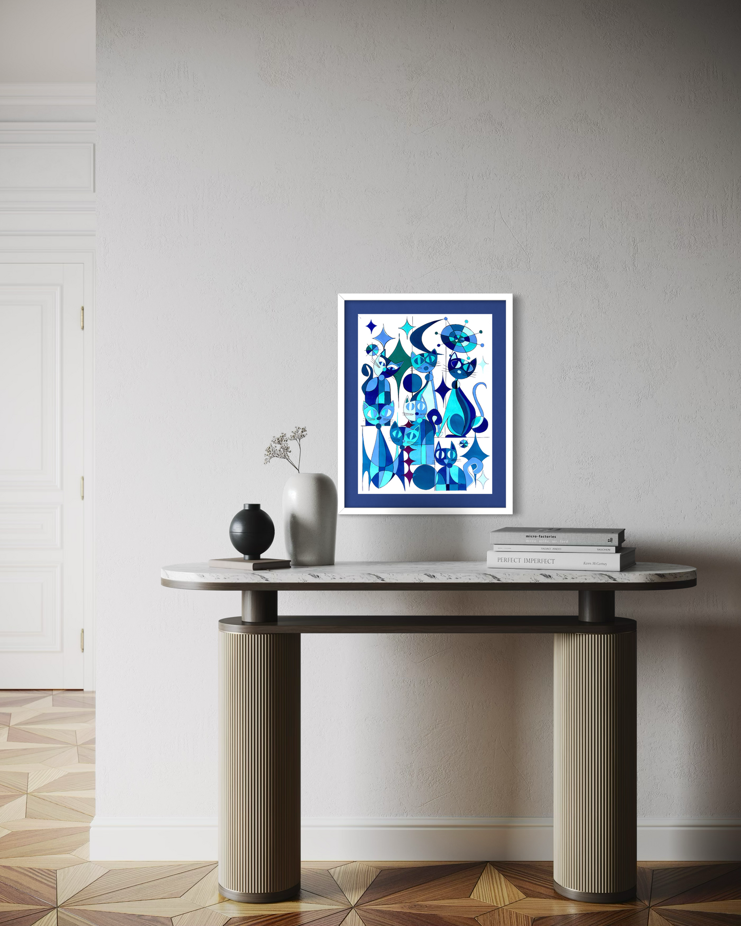 Blue Cats - Geometric Animal Art Print